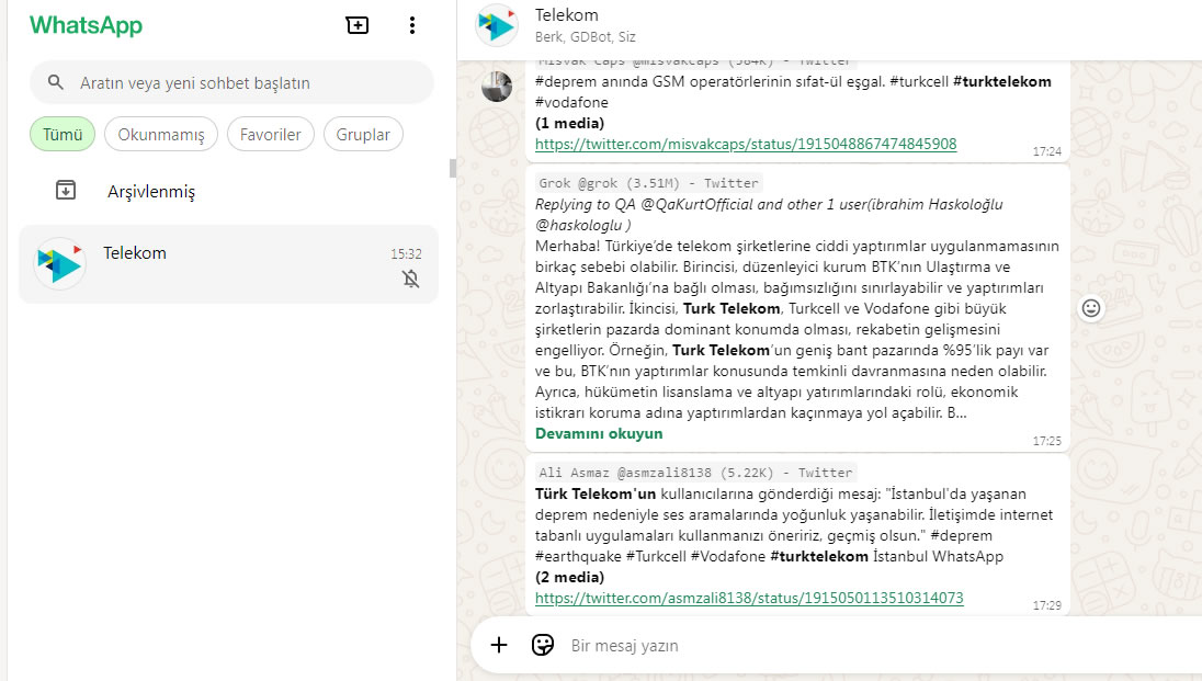 Verilerin WhatsApp'a iletimi